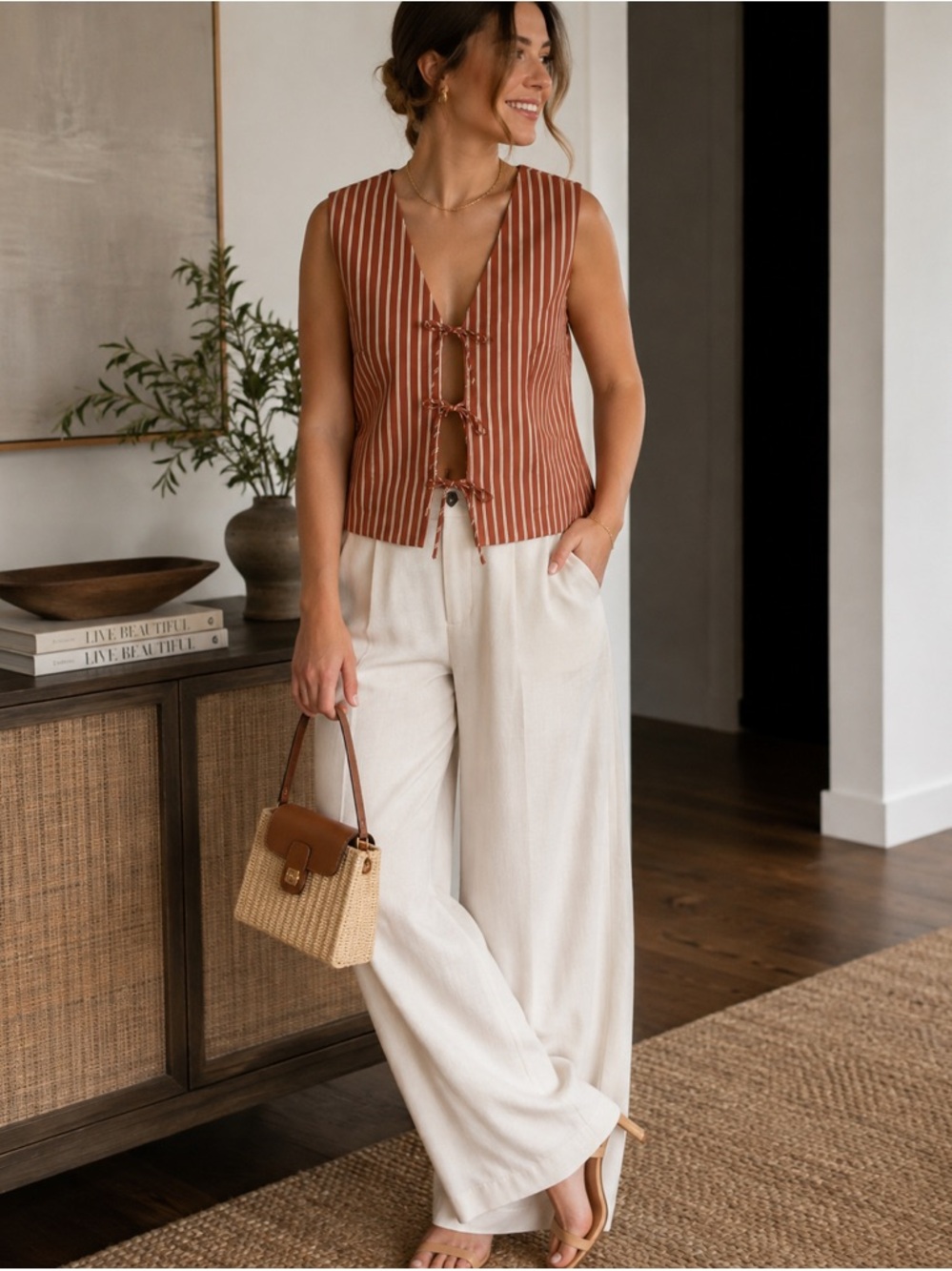 Steve Madden Aliza Top Size L Dusty Brick Stripe Tie Front Vest NWT Cotton